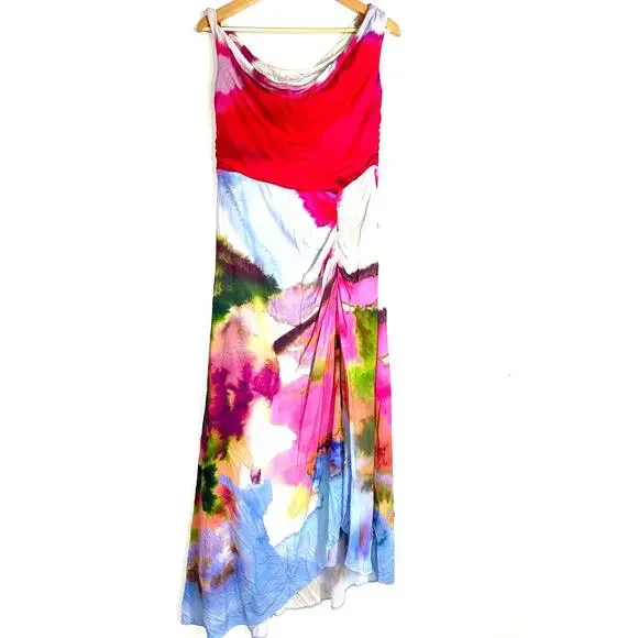 AMUR Ella Dress Abstract Floral Printed Jersey Asymmetric Draped Maxi Multi 10 - Picture 2 of 9